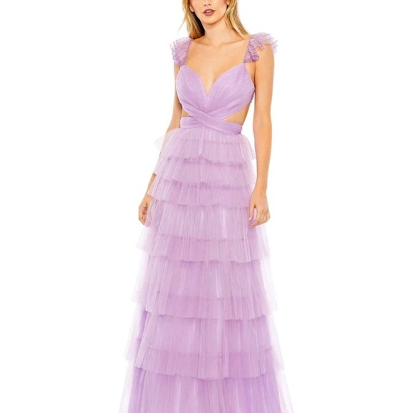 NEW Mac Duggal Lilac Ruffle Tiered Maxi Dress with Criss Cross Open Back NWT 4 - Picture 14 of 14